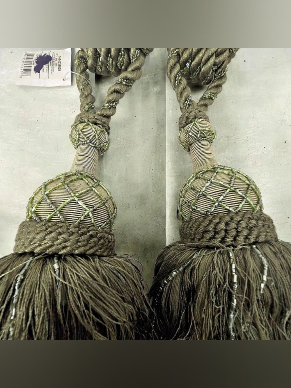 2 Vtg Wrights 32" Ornate Curtain Tiebacks Green Shades Rayon Tassels Glass Beads
